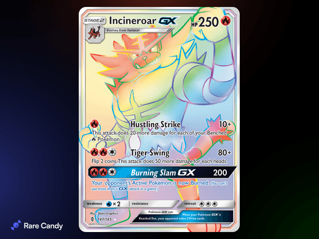 Incineroar GX Rare Rainbow 147/145 from Pokémon Guardians Rising