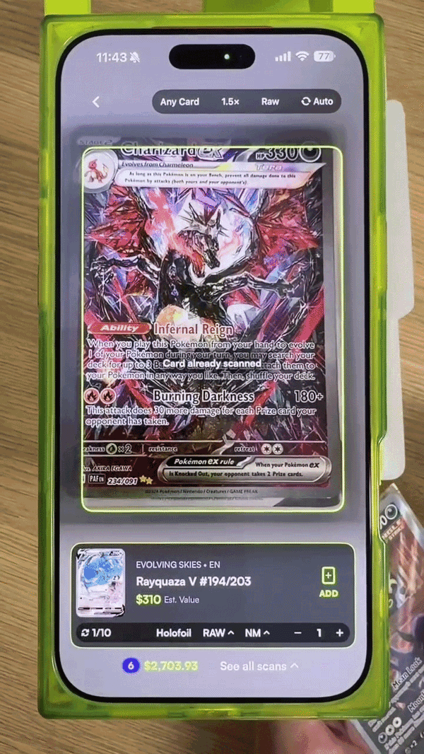 The Rare Candy scanner showing a Card already scanned notice, a Processing scan, and a running total