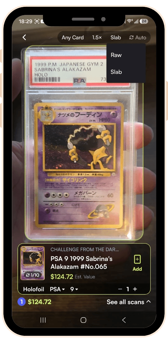 Rare Candy scanner with the Raw and Slab mode menu open