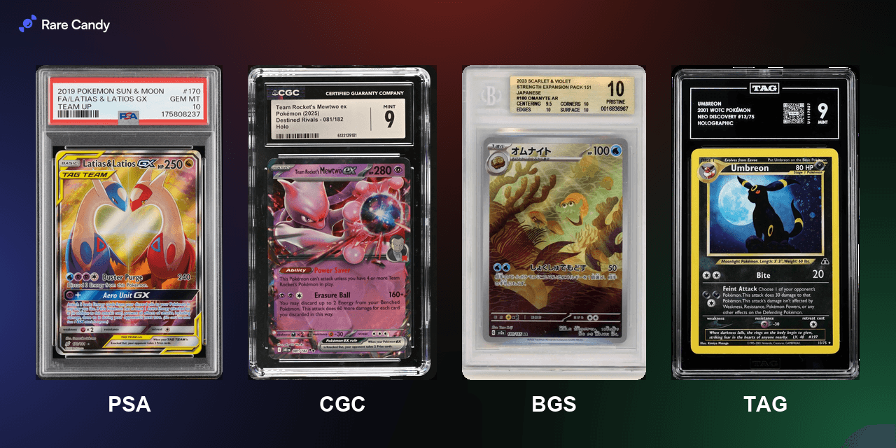 A PSA, CGC, BGS, and TAG graded Pokémon card, all supported by the Rare Candy scanner