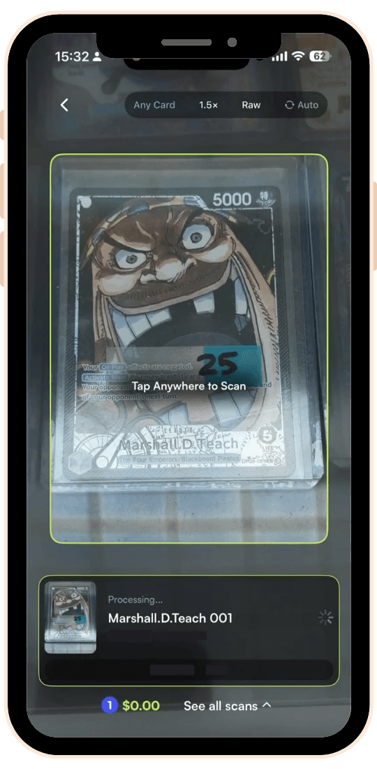 Rare Candy scanner lining up a One Piece Marshall.D.Teach card in a case, with the scan processing at the bottom of the screen