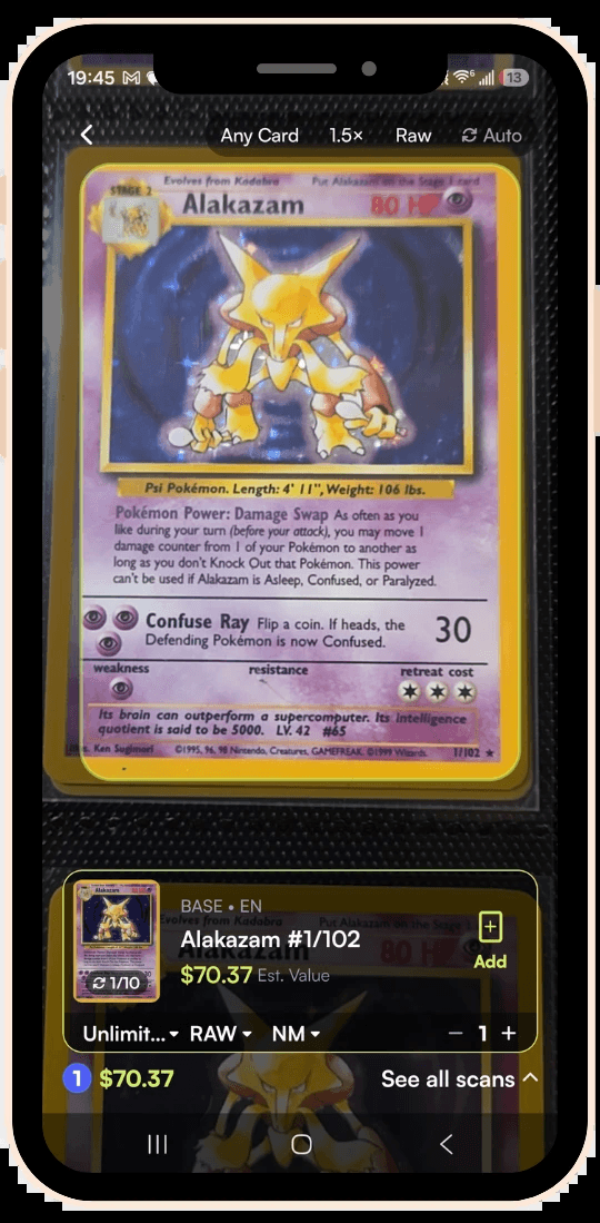 Rare Candy price checker scanning Base Set Alakazam