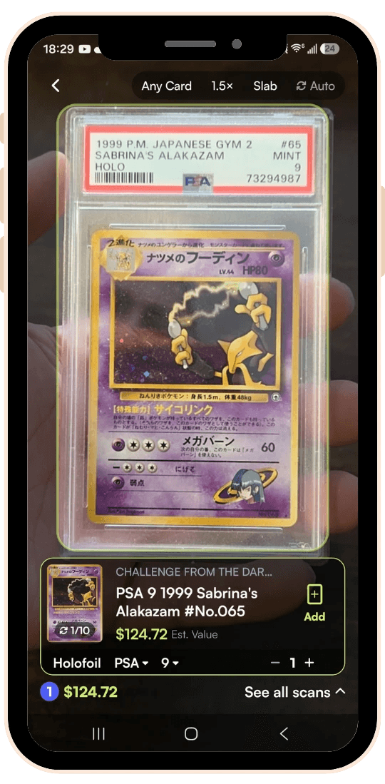 Rare Candy scan result for a PSA 9 graded Pokémon card with its estimated value