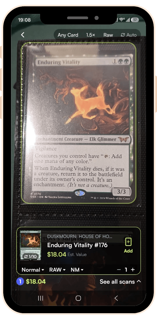 Rare Candy scanner identifying a Magic: The Gathering card with its set, collector number, finish, and estimated value
