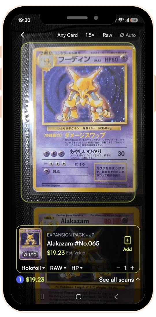 Rare Candy scanner identifying a Japanese Pokémon card with its English name, set, and estimated value