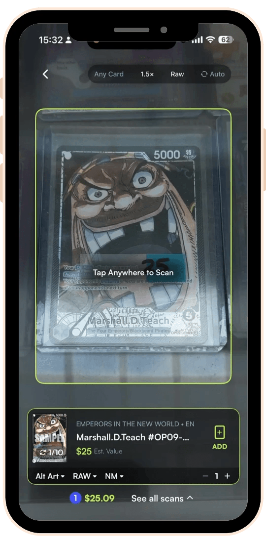 Rare Candy scan result for a One Piece Marshall.D.Teach Alt Art from Emperors in the New World, with Raw and NM selected and an estimated value shown