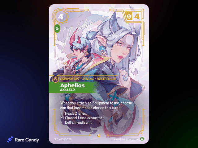 Aphelios: Exalted Signature 224*/221 from Riftbound: Spiritforged